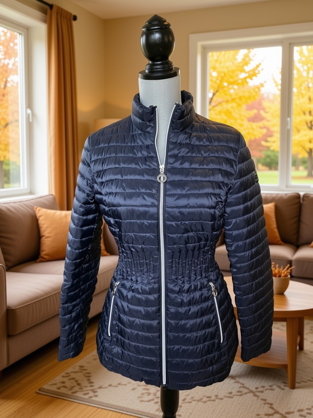 Laundry By Shelli Segal Women's Dark Navy Quilted Packable Jacket Cinched Waist